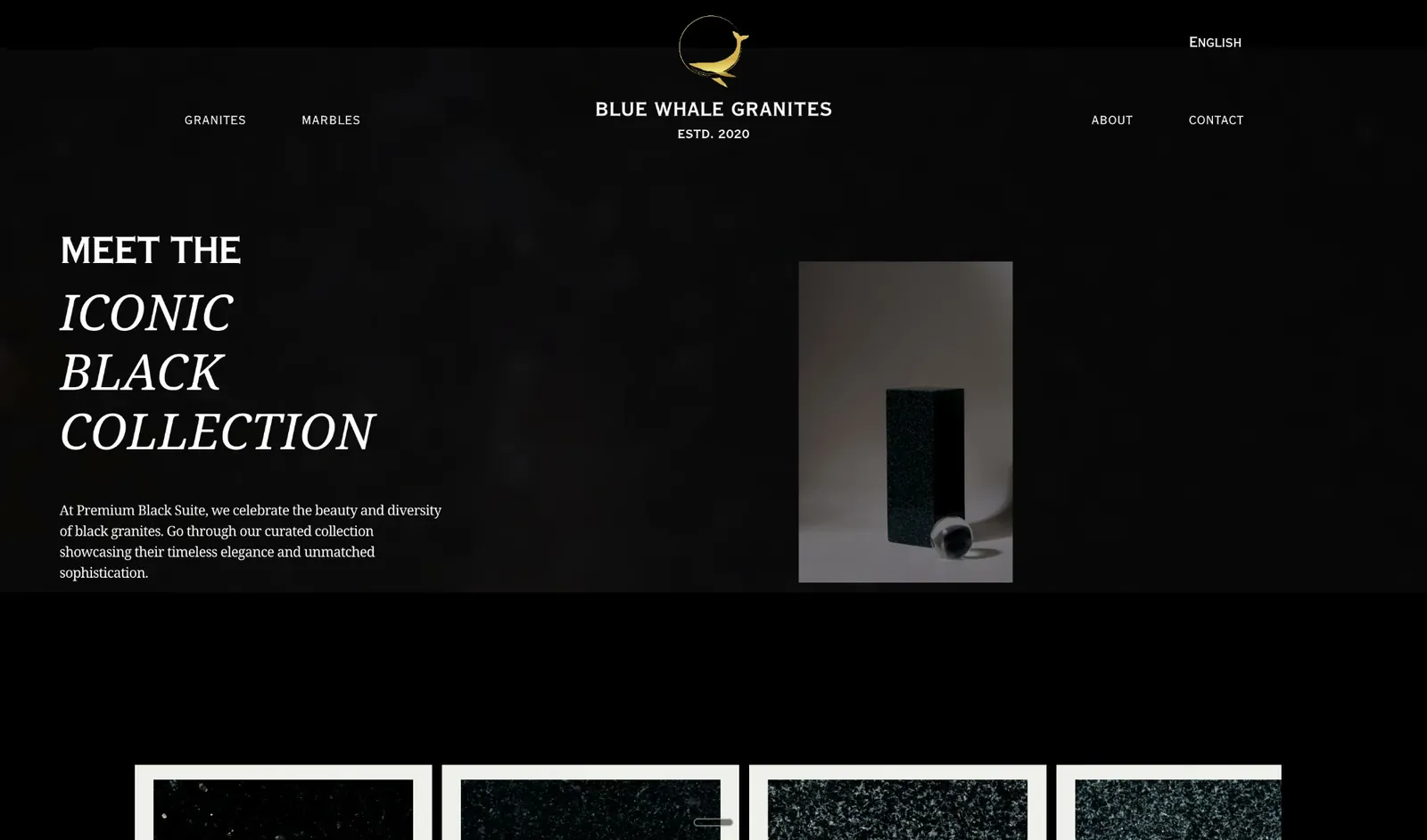 Blue Whale Granites website: "Meet the iconic black collection" with a black granite block and the granite collection below