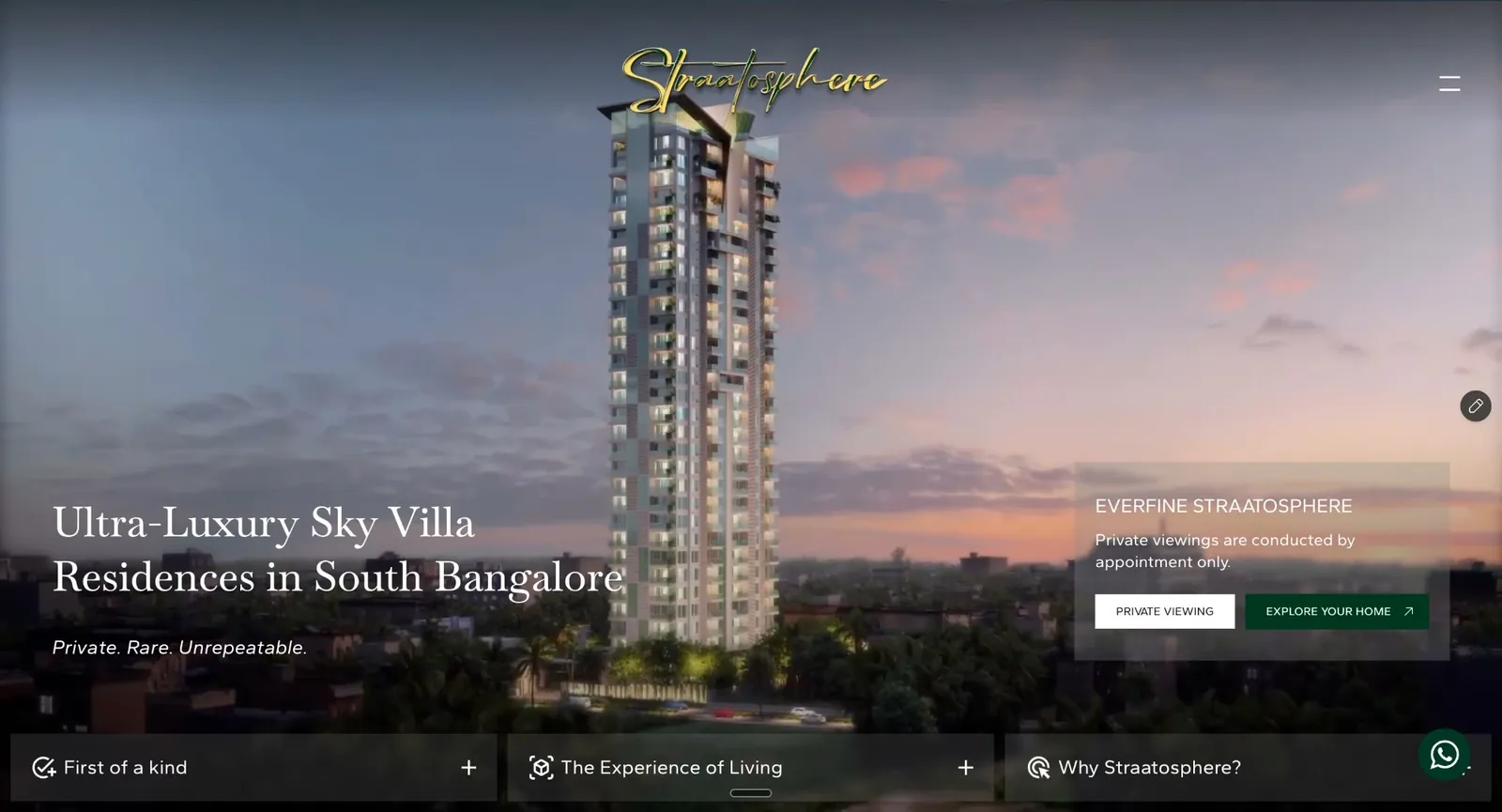 Everfine Straatosphere website: ultra-luxury sky villa residences in South Bangalore, with Private Viewing and Explore Your Home buttons