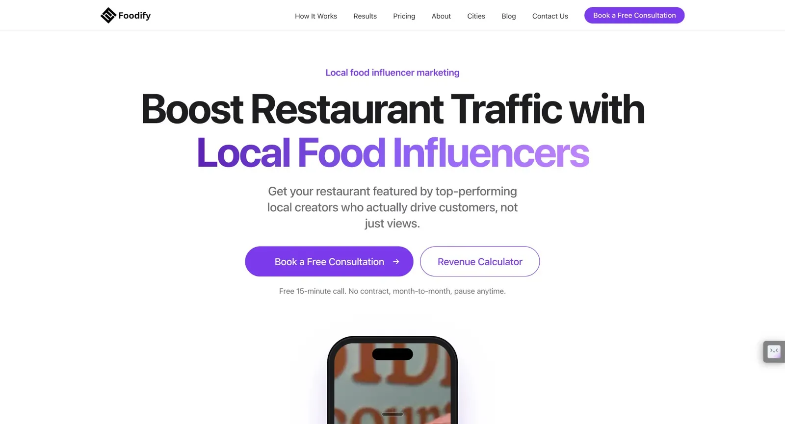 Foodify website: "Boost restaurant traffic with local food influencers" with Book a Free Consultation and Revenue Calculator buttons