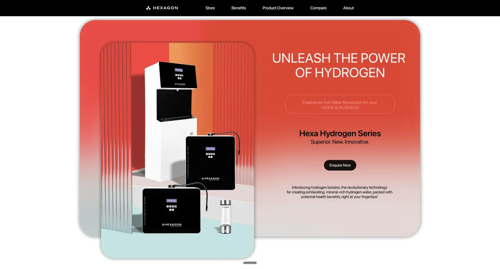Hexagon website: "Unleash the power of hydrogen" beside the Hexa Hydrogen Series water ionizers