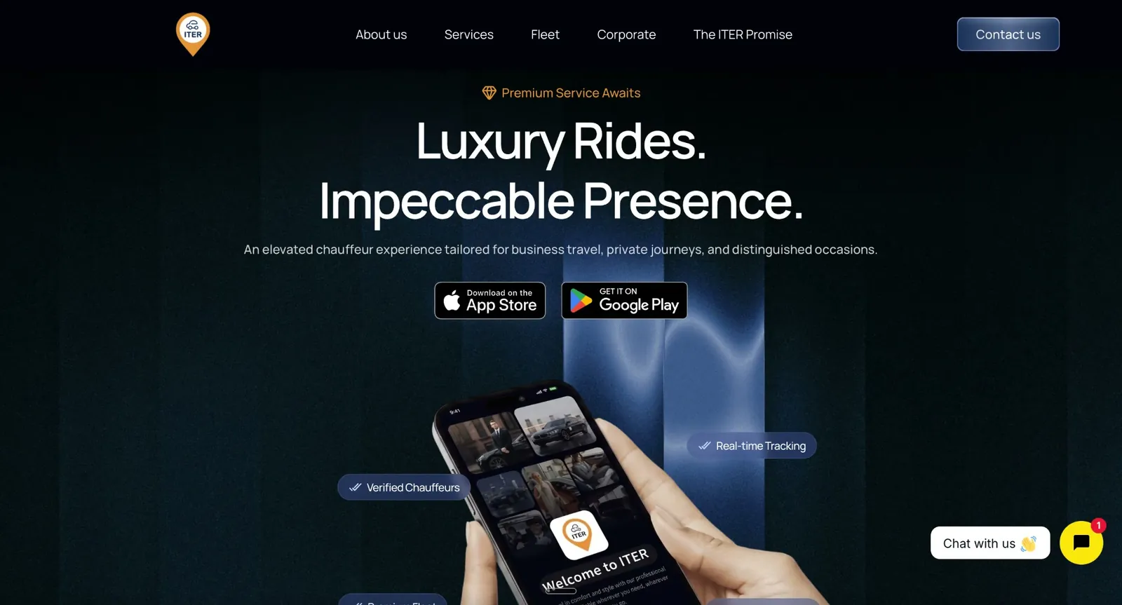 ITER website: "Luxury Rides. Impeccable Presence." with App Store and Google Play buttons and the ITER app on a phone