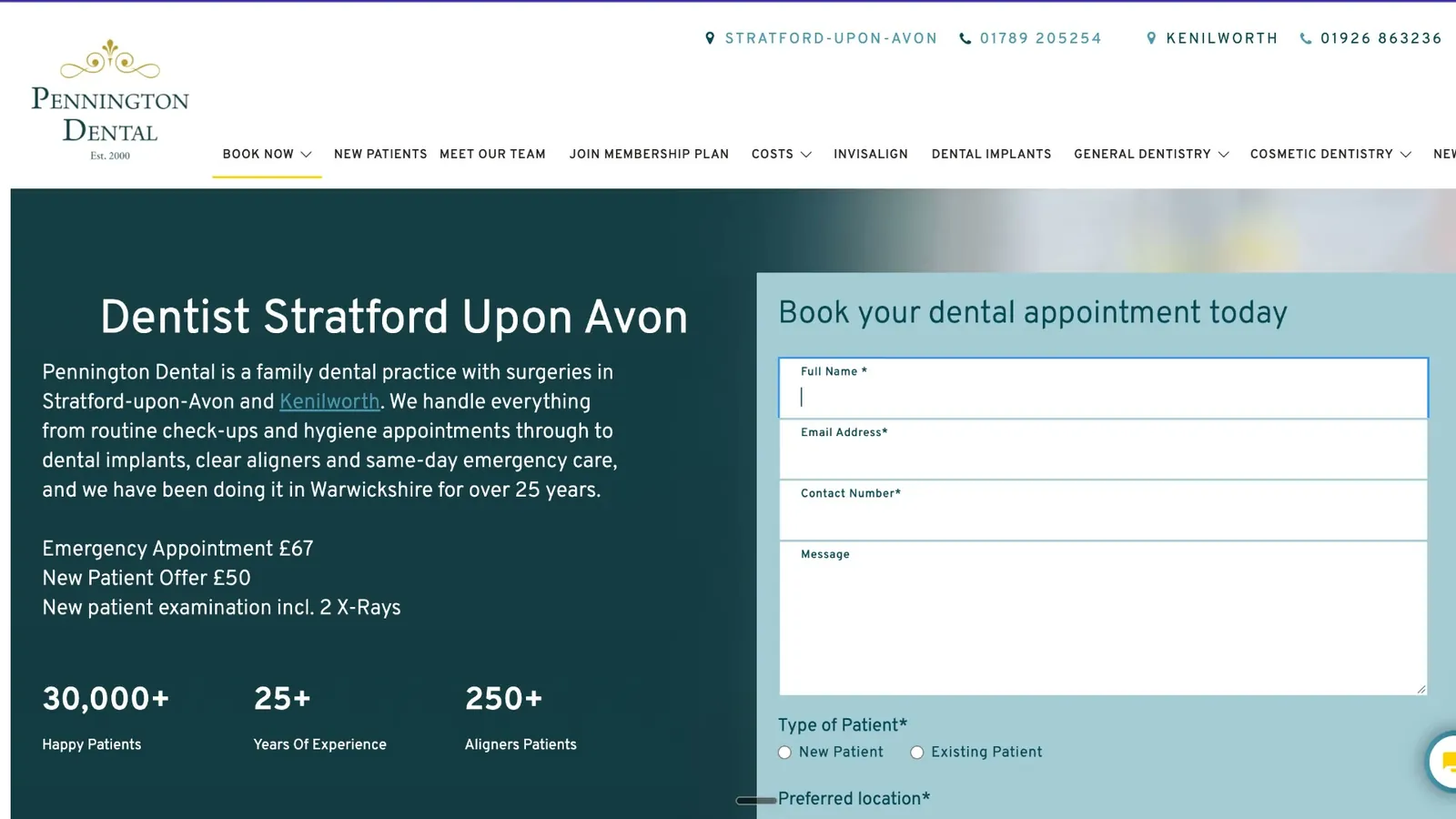 Pennington Dental website: "Dentist Stratford Upon Avon" with a Book your dental appointment today form