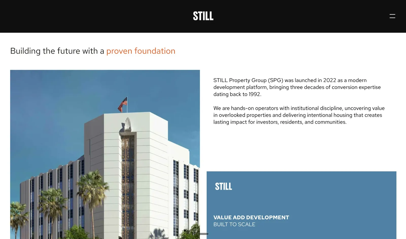 STILL Property Group website: "Building the future with a proven foundation" beside a white Art Deco building